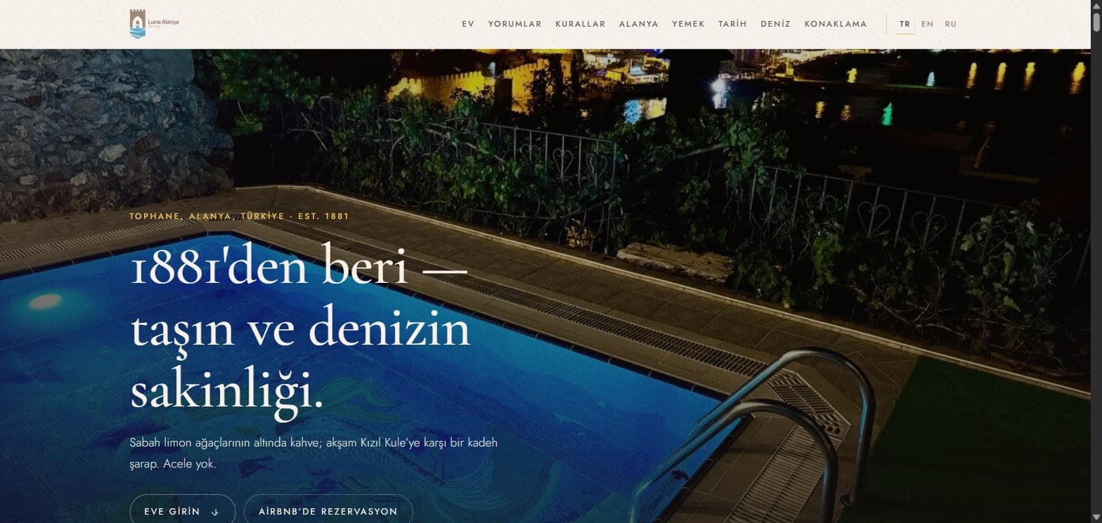 Luna Alanya web sitesi ana sayfası — Alanya Tophane'deki 1881 yapımı taş evin tanıtım sitesi