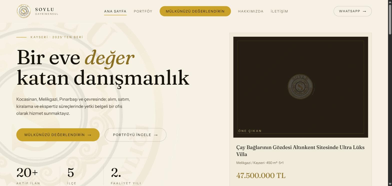 Soylu Gayrimenkul web sitesi ana sayfası — gayrimenkul danışmanlığı tanıtım sitesi